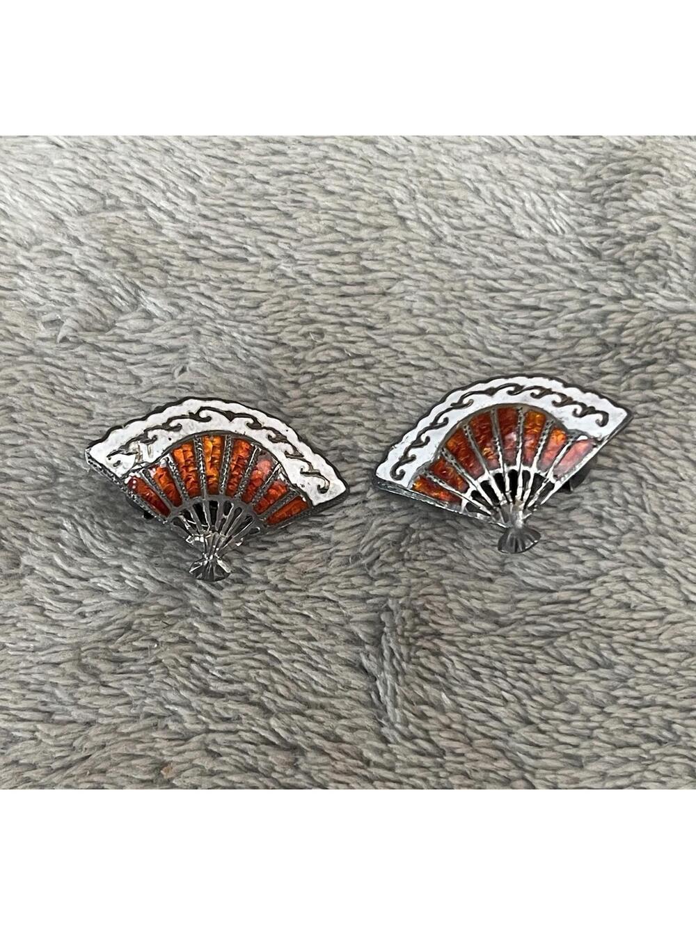 VTG Siam Silver with Orange Enamel Panels Fan Shape Clip Earrings